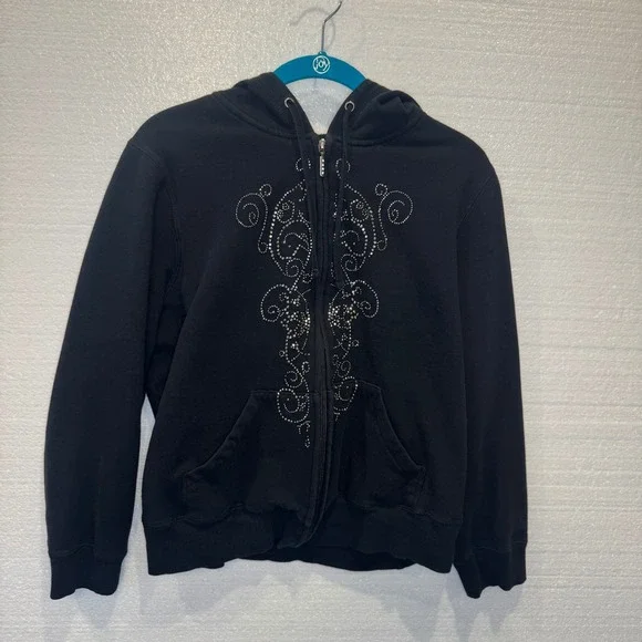 Onque Casuals Black Rhinestone Embellished Zip Up Hoodie Sweatshirt XL - Picture 1 of 9